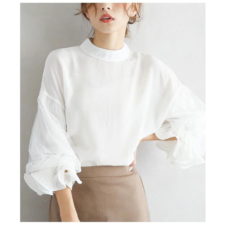 Korean Small Stand-up Collar Lace Lotus Leaf Sleeve Solid Color Shirt for Women's Spring and Summer New Loose Large Size Versatile Top