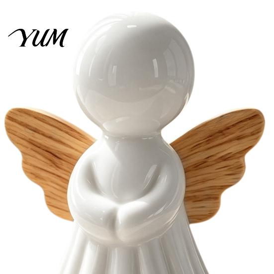 Modern Aesthetic Table Centerpieces Minimalist Angel Figurine with Wood Texture Wings, Compact Statue, Healing Sculptures for Office Decorative White