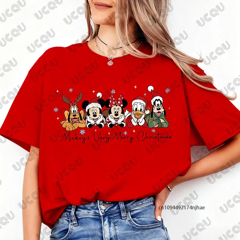 

Christmas Family Mickey Mouse Print Cotton Tshirt For Women Summer Short Sleeve Oneck Tees Casual Oversized Couple Tops S