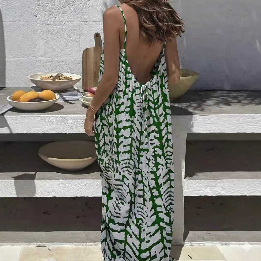 Maxi Abito Estivo Stampato Senza Schiena con Spalline Annodate per Uso Casual in Vacanza al Mare