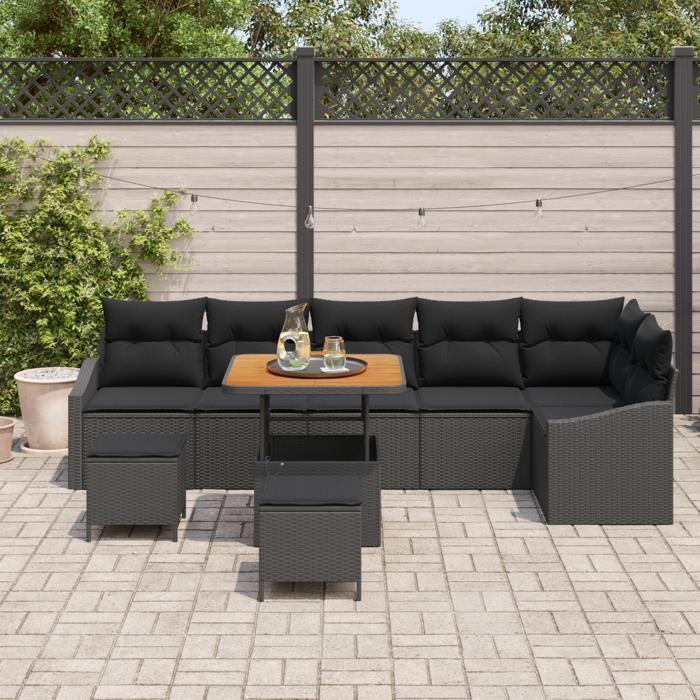 Ensemble de canapé de jardin de 9 pièces avec coussins en poly rotin noir acacia, Canapé de jardin de 2 places avec coussins 3362669