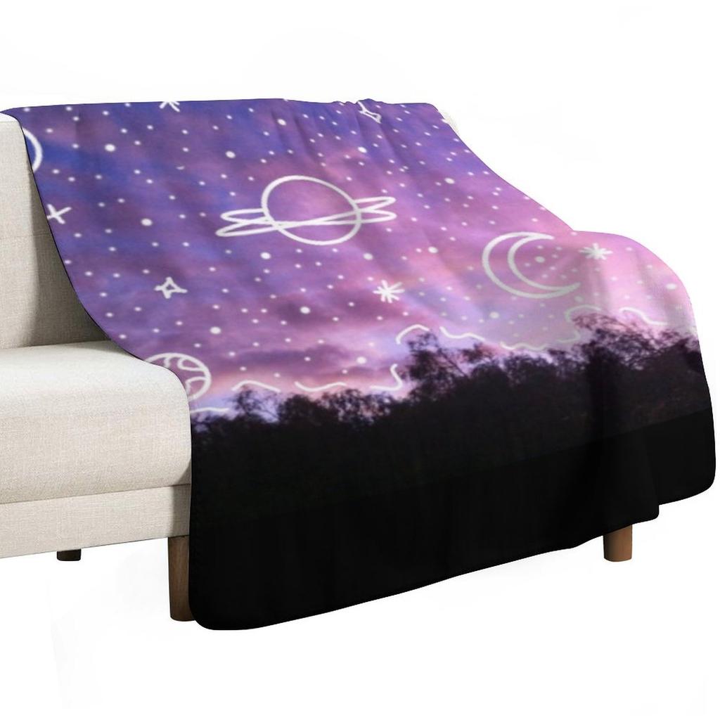 Aesthetic Tumblr Sunset Galaxy Doodle Throw Blanket Stylish Warm Blanket for Living Room Bedroom