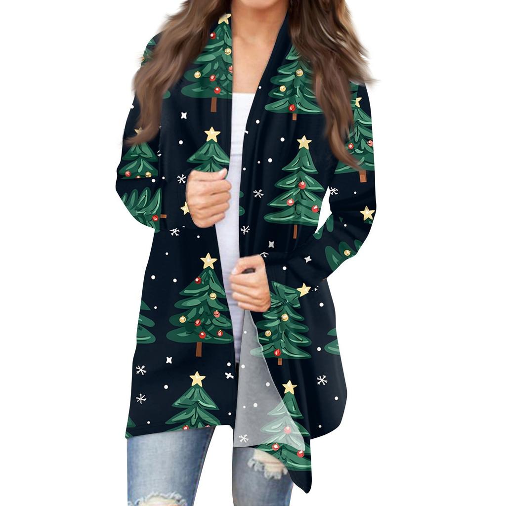 Damenmode Weihnachtsdruck Jacke Langarm Casual Cardigan Mantel
