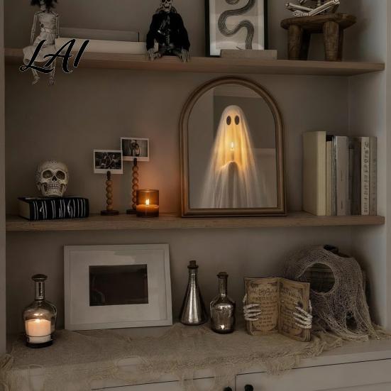 Haunted Mansion Decor Halloween Light Up Ghost Mirror Holding Candle on Spooky House Mirror Decorations Indoor for Wall Table Mantel Room Home Office