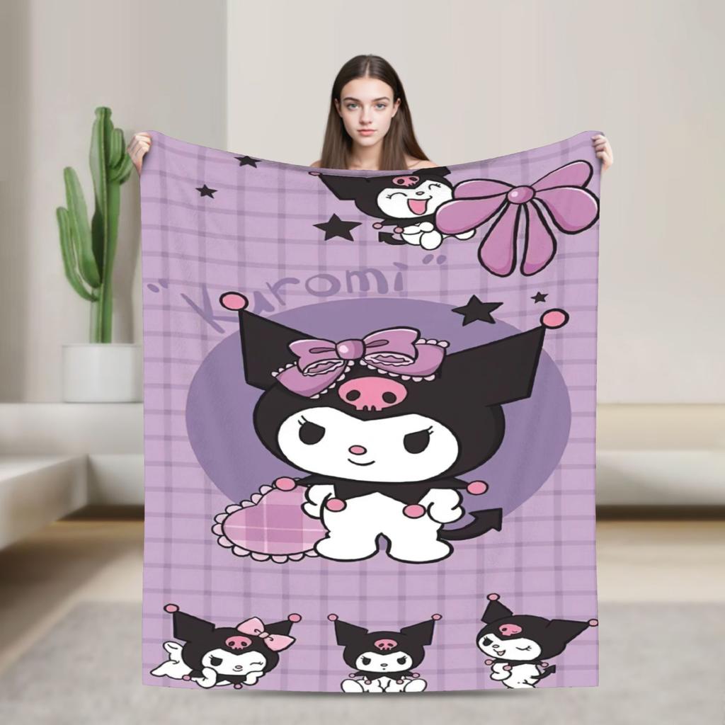 Purple Kuromi Blankets Kawaii Cartoon Wool Awesome Breathable Throw Blankets for Bedspread Autumn/Winter