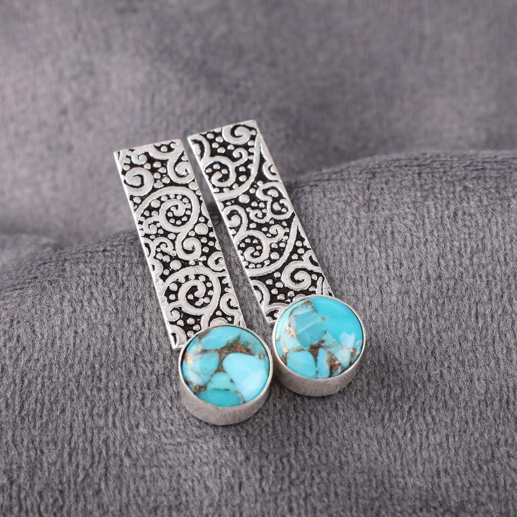 Blue Copper Turquoise Handmade Gemstone Earrings, 925 Solid Sterling Silver Earrings Antique Jewelry, For Engagement Gift