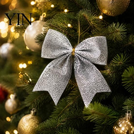 Festival Atmosphere Hanging Decor Glitter Christmas Bow, Gold Sparkling Ribbon Ornament for Decorative Bows with Binding Structure Tree Wreath