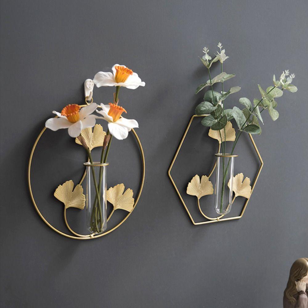 Test Tube Iron Ginkgo Wall Hanging Vase Flower Storage Rack Hanging Planter  Home/Office Decor