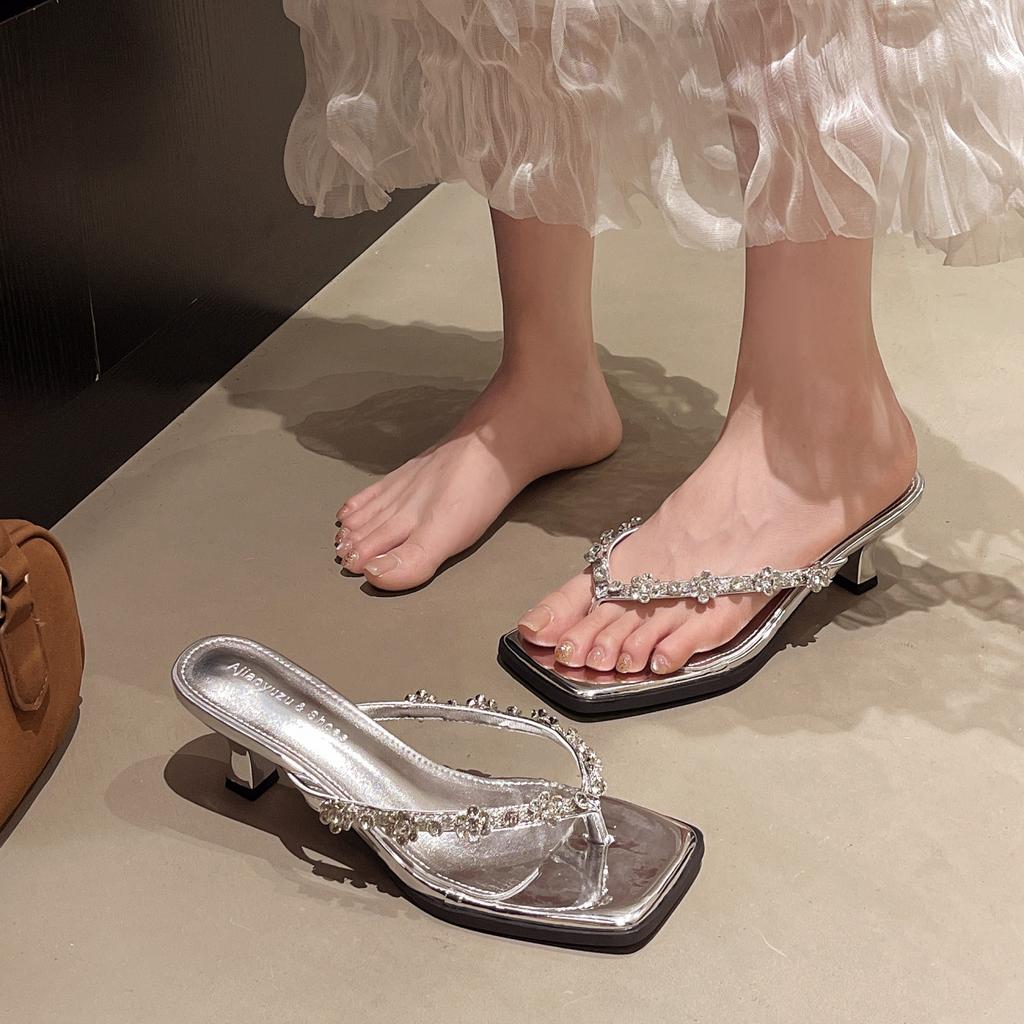 Fairy wind crystal transparent high heels female 2025 summer show legs long rhinestones with fashionable outer wear