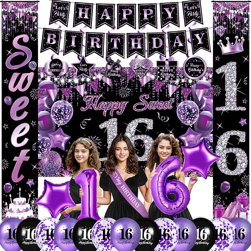 Фиолетовые украшения на 50-летие для женщин Фиолетово-черный Баннер «С 50-летием» Фон Подвесные спирали Шары Лента «Поздравляем с 50-летием» Крыльцо Purple 16th