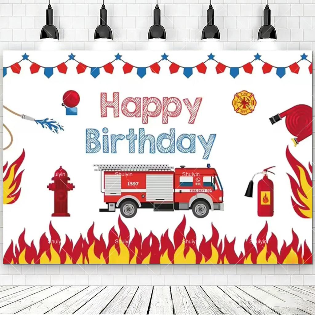 Sfondo a Tema Pompieri e Camion dei Pompieri Cartoni Animati Decorazioni Compleanno Ragazzo Fiamme Rosse Articoli per Feste Sfondo Fotografico
