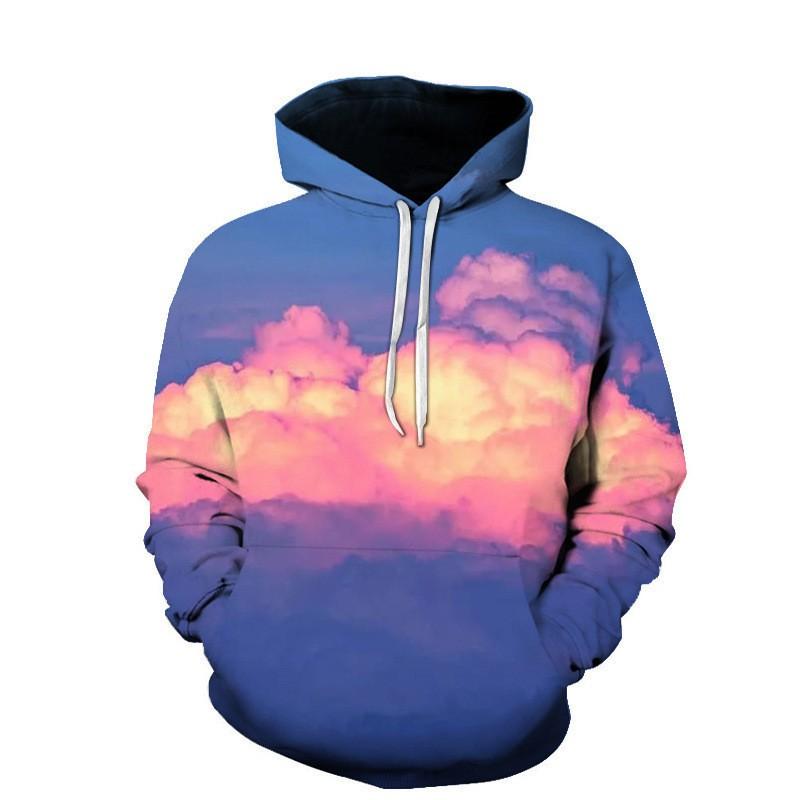 Mens Long Sleeve Hooded Sweatshirt With 3D Cloud Print Loose Fit Casual Pullover Fall