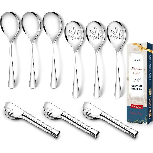 Teivio Stainless Steel Metal Serving Utensils - Large Set of 9-10  Spoons, 10  Slotted Spoons, and 9  Tongs (Silver) 9pcs