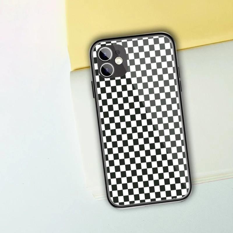 Black White Checkered Phone Case For IPhone 13 12 11 XS X 8 7 6 Plus Mini Pro Max SE 2022 Black PC TPU Glass Phone Cover