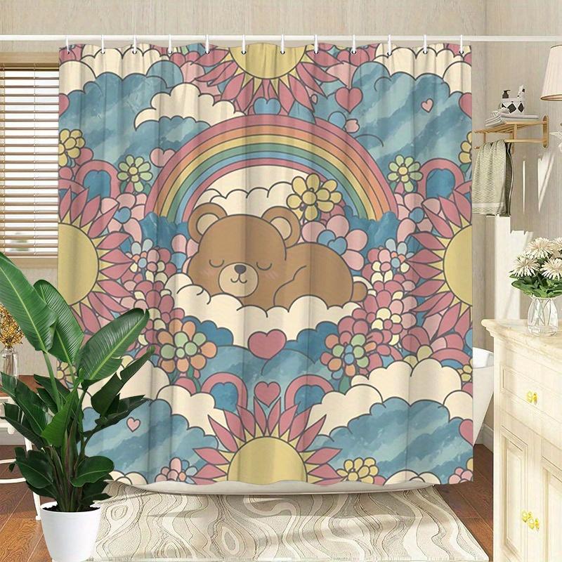 Cute Bear with Rainbow and Flowers Shower Curtain - Water-Resistant, Easy To Clean, Adds a Sweet and Colorful Touch