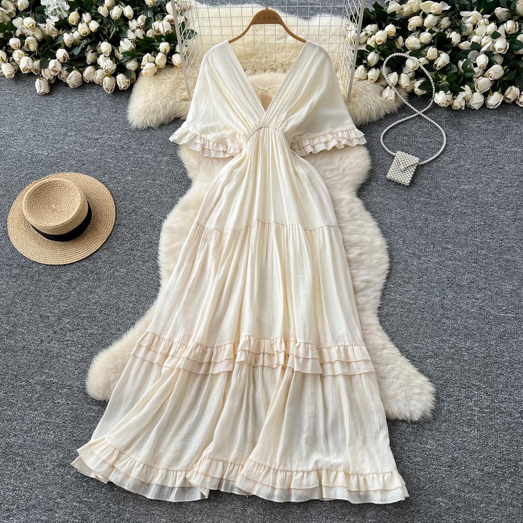Sommer Damen Tiefer V-Ausschnitt Rüschen Uni Chiffon Oversize Chic Boho Strandurlaub Lange Maxi Kleider