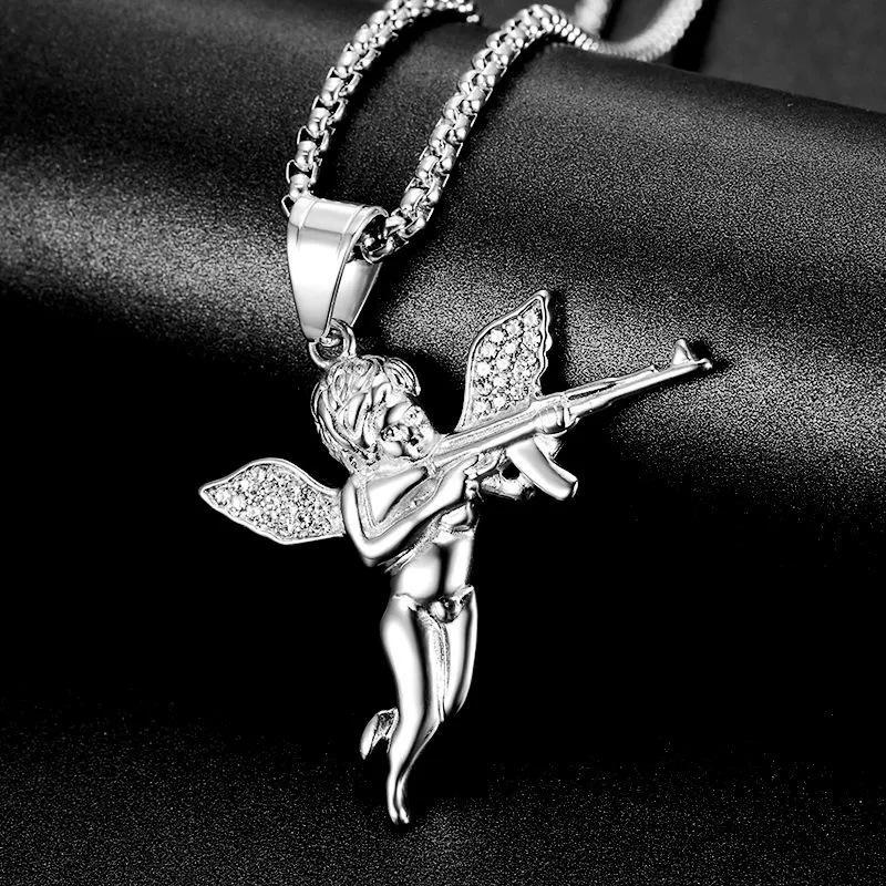Revenge Angel Necklace Pendant: Hip-Hop Alloy Machine Gun Design for Men and Women