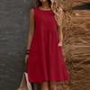 Women Sleeveless Casual Summer Dress Cotton Linen A Line Sundress Loose Fit Tank Dress with Pockets Simple Solid Design