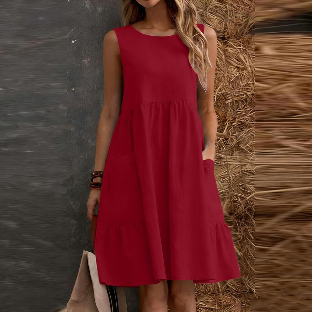 Women Sleeveless Casual Summer Dress Cotton Linen A Line Sundress Loose Fit Tank Dress with Pockets Simple Solid Design