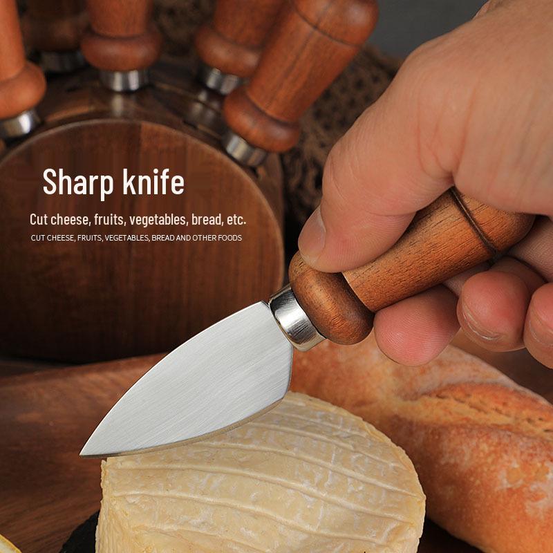 Acacia Wood Cheese Knife Set: Stainless Steel Knife, Fork, and Spatula with Storage Base