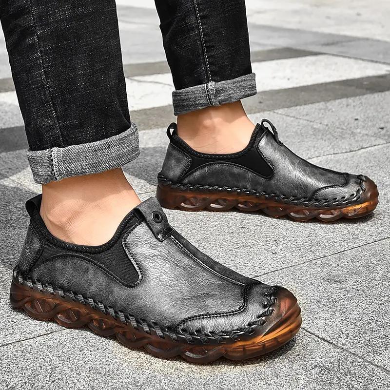 Handmade Big Size Men Casual Shoes Comfortable Non Slip Soft Soled Slip On Flat Loafers Moccasins for Daily Walking Driving Outdoor Wear