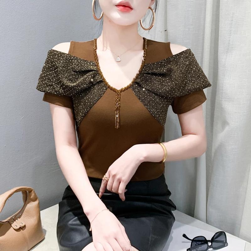Summer Sexy Off Shoulder Beading T-shirt Women's Short Sleeves Tassels Design Tees New Cotton Female Tops