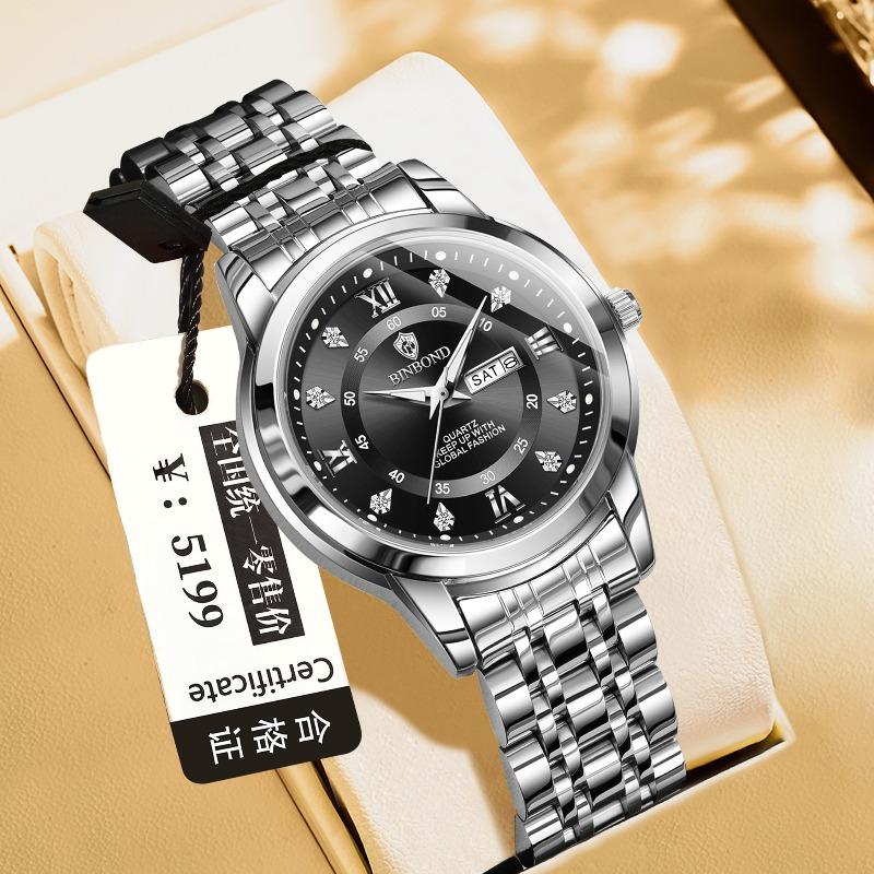 Binbang Quartz Movement Waterproof Luminous Business Fashion Double Calendar Diamond Steel Belt Butterfly Buckle Men's Watch