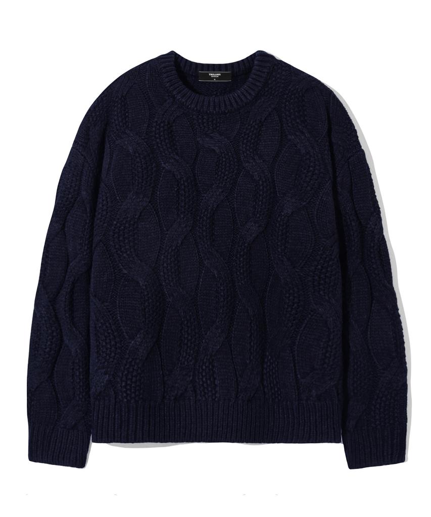 TRILLION Washable Big Cable Oversized Crew Neck Knit [Navy]