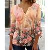 QICED Spring Summer Fashion Women's Wear Floral Print V-neck Short-sleeved Pleated Button T-shirt Base Layer