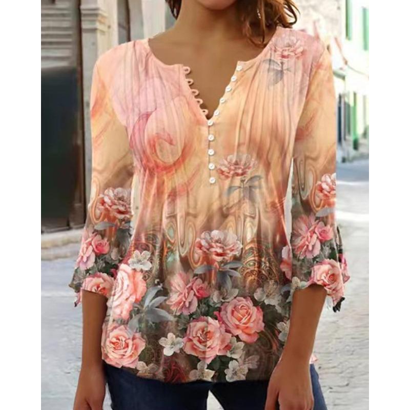 QICED Spring Summer Fashion Women's Wear Floral Print V-neck Short-sleeved Pleated Button T-shirt Base Layer