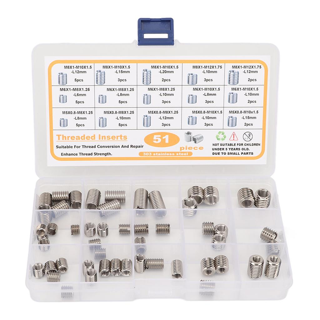 51 Pcs Thread Repair Insert Assortment Kit M5 To M8 Stainless Steel Screw Thread Repair Insert with Storage Box