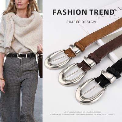 Retro High-end Belt for Women's Genuine Leather Matte Reverse Velvet Versatile Jeans Trendy Decorative Belt for Women