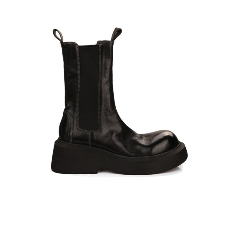 

Cowhide version~ Grape Mom has the same thick-soled Chelsea short boots for women s round head elastic band thick heel medium tube Martin boots. 35