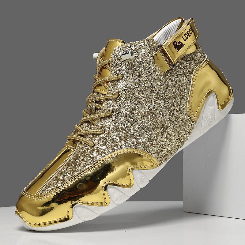 Fashion Men's Autumn Leather Casual Shoes Sequin Silver Sneakers Man High Top Shoes for Men Women Fashion Height-raising Men Sneakers