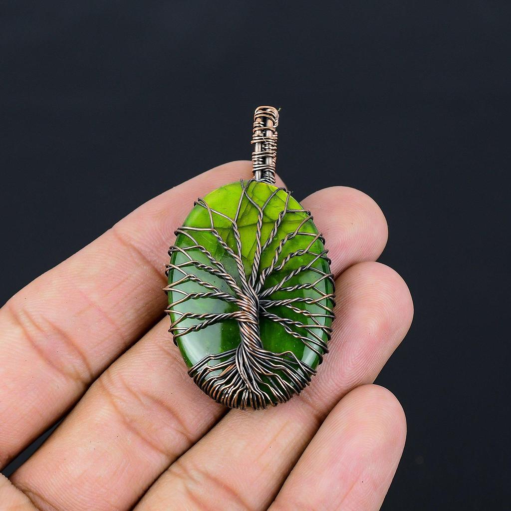 Tree Of Life Green Flash Labradorite Gemstone Pure Copper Wire Wrapped Handmade Pendant Jewelry