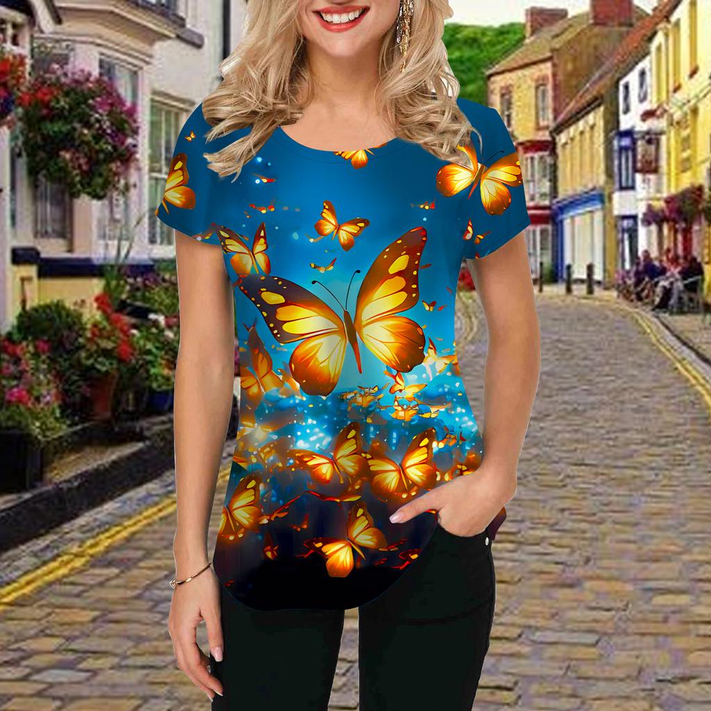 Fashion Women Rainbow Butterfly Print T Shirt Funny Casual O-neck Short Sleeves T-shirt Summer Female Tee Shirt