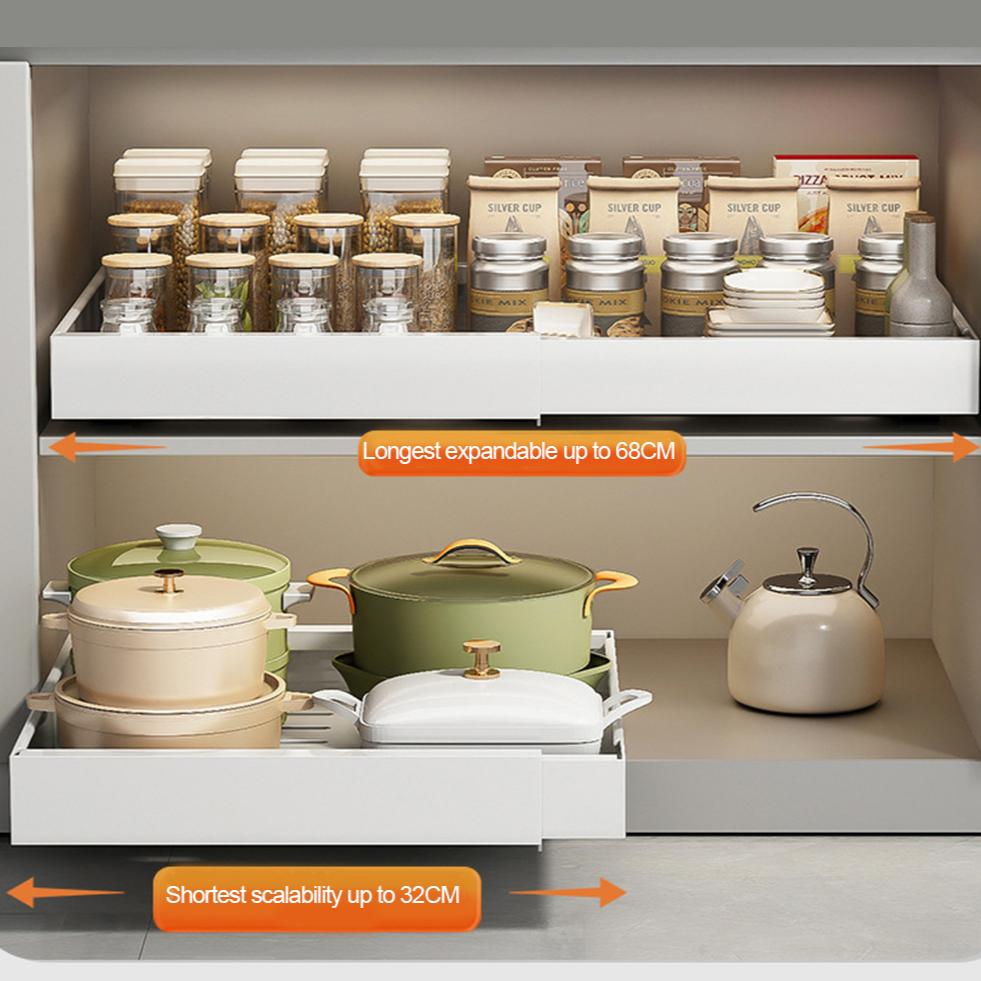 2Pc Pull Out Cabinet Kitchen Storage Rack Scalable Cabinet & Slide Rail Drawer Type Storage Tray Kitchen Organizer Cabinet Shelf
