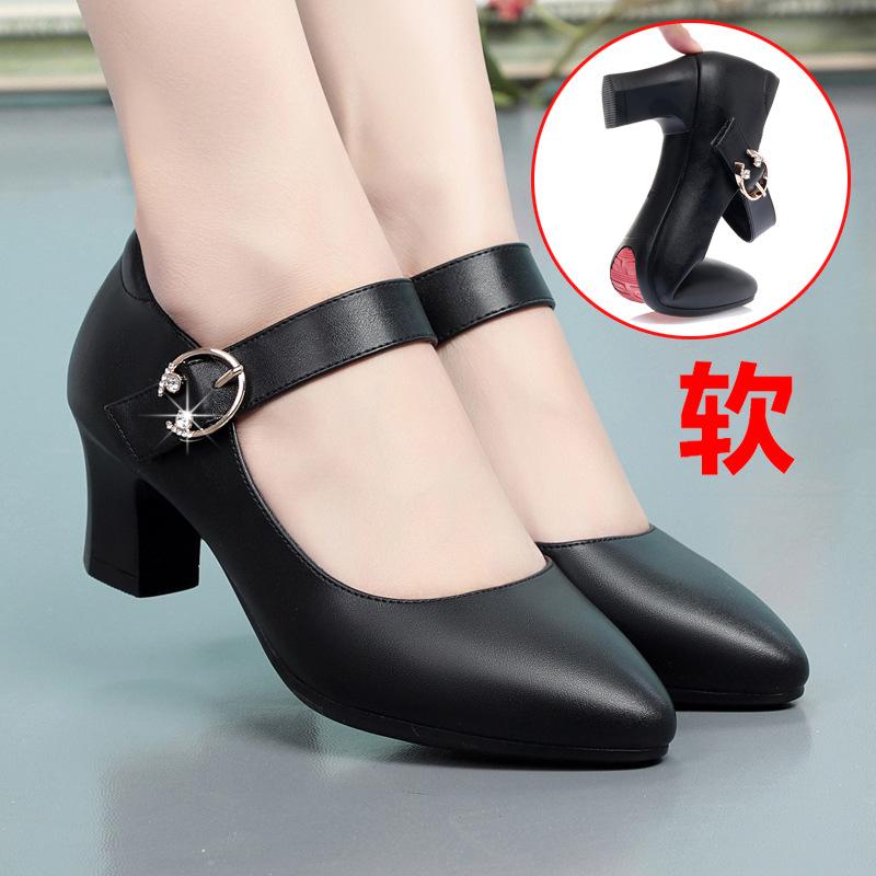 One-word buckle high heels, spring and autumn with cheongsam shoes, dancing single shoes, middle-aged and old 2 leather shoes for work, women's shoes