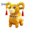 Brocade Fabric Plush Chinese Zodiac Sheep Doll, Lamb Mascot with Soft Polyester Toy Tassel Horns And Gem Necklace, Auspicious New Year Home