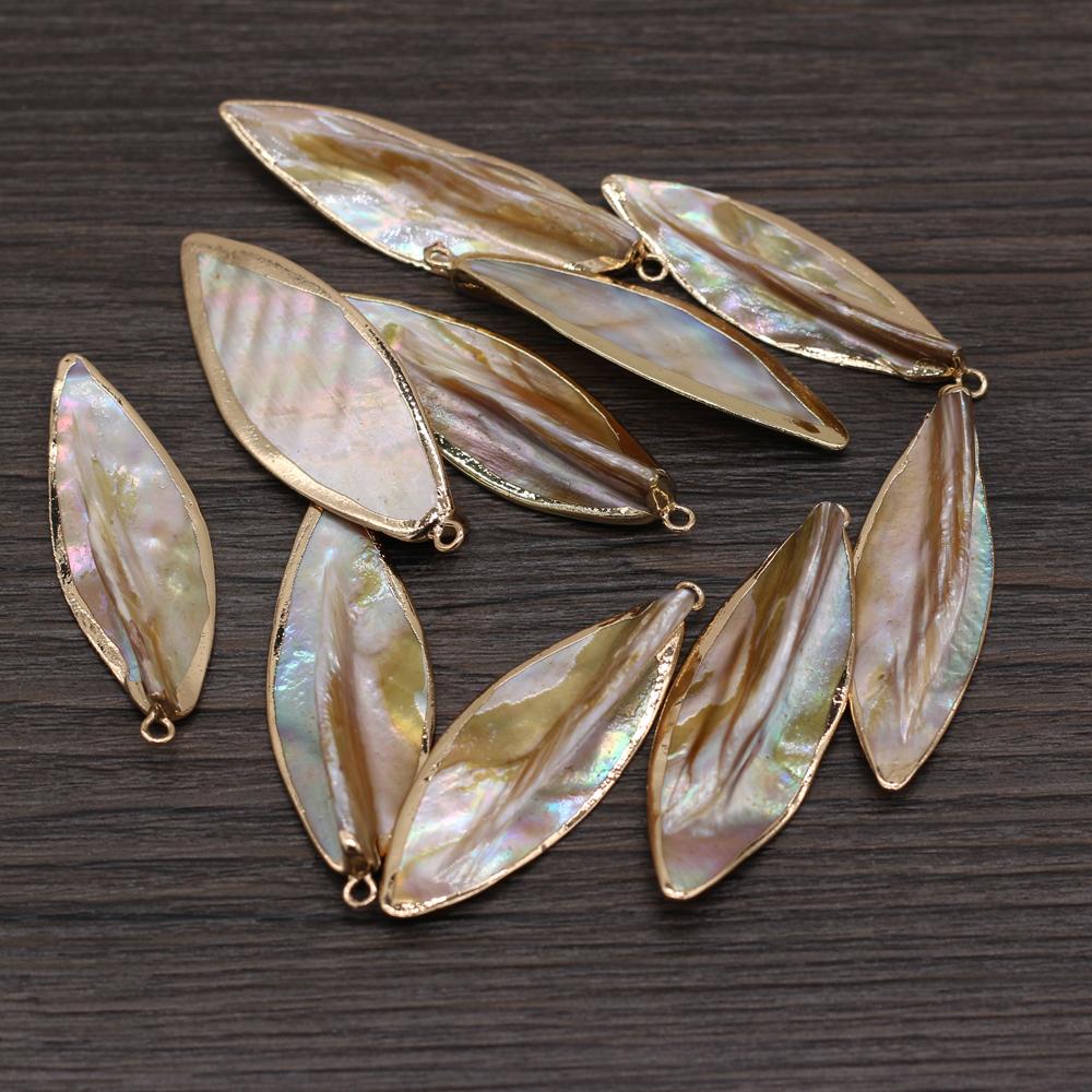 3Pcs, Natural Shell Pendant, Boho Handmade Golden Leaves Charms, for DIY Necklace Accessories, Jewelry Creative Making, Unique Unisex Crafts 1.5×5cm