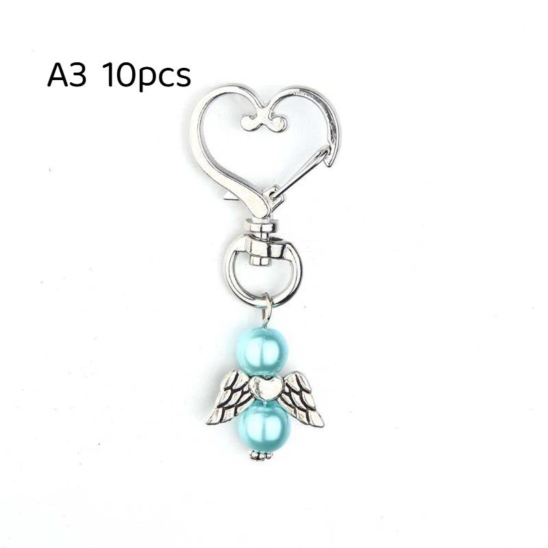 10Pcs Guardian Angel Key Rings 6cm Cute Angel Wing Heart Keychains White Pink Blue Alloy for Family Member Small Gift