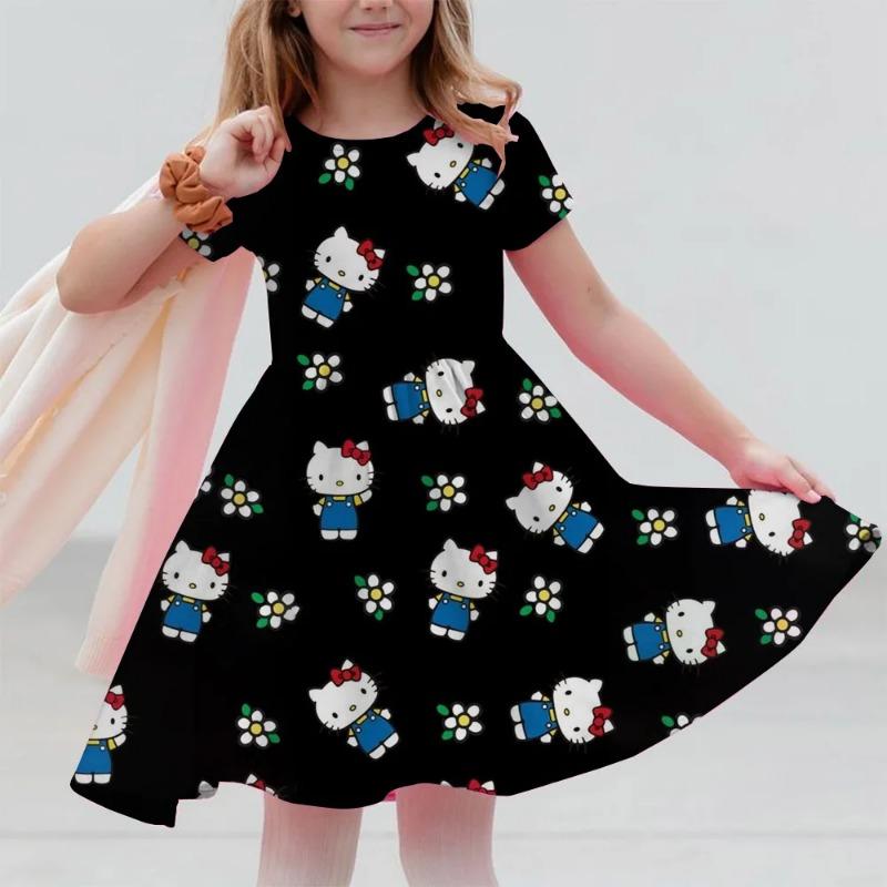 Sanrio 2026New Girls Summer Dress Fashion Cartoon Cute Hello Kitty 3DPrint Dresses Girl Short Sleeve Princess Vacation Clothing