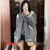 Women's Autumn 2025 Design-Focused Patchwork Baseball Jacket - Grey, Loose Fit, Age-Reducing College Style