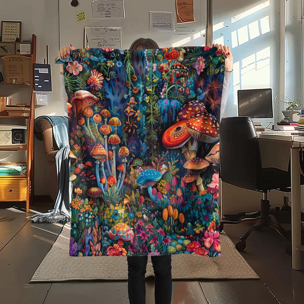 1Pc Dreamy Exotic Mushroom Print Flannel Blanket, High quality Comfortable for All Seasons, Home Decor, Warmth and Comfort, Perfect for Gifts