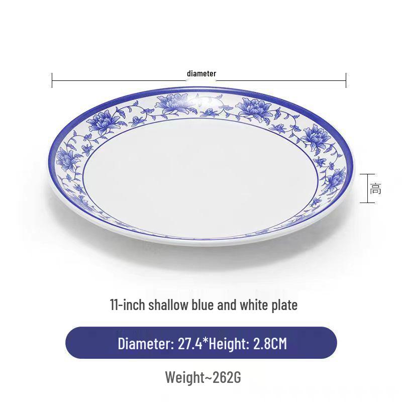 Plato redondo de melamina azul y blanca - Imitación de porcelana gruesa, ideal para salteados, arroz y uso en restaurantes.