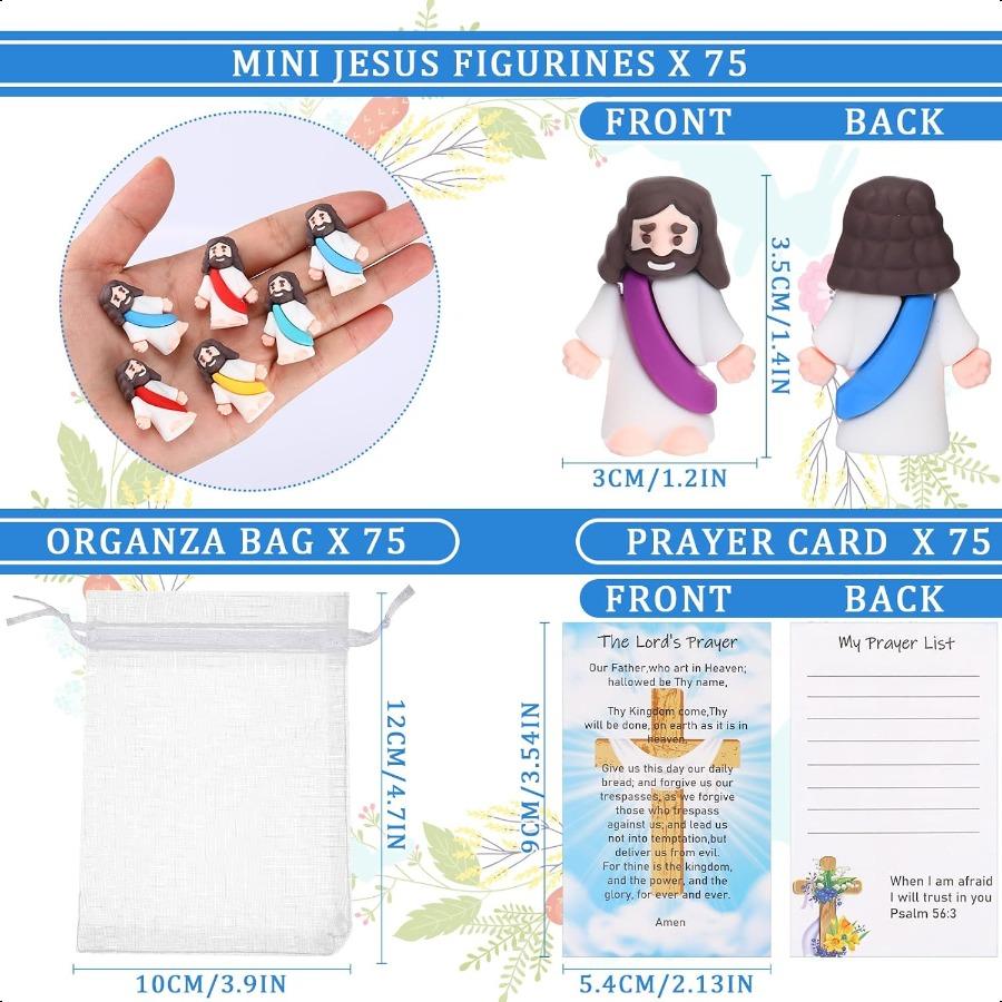 Barydat 75 Sets Easter Tiny Jesus Toys75 Mini Jesus Figurines with 75 Prayer Scripture Cards and Bags Little Religious Gift for