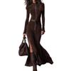 Vintage Modern Stand Collar Zip Split Waist Dress Elegant Lady Style Long Sleeve Knit
