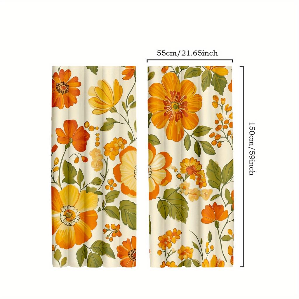 2pcs Decorative Curtains70s Style Castle Fairy Curtains   Watercolor Yellow Flowers   Green Leaves for Living Room