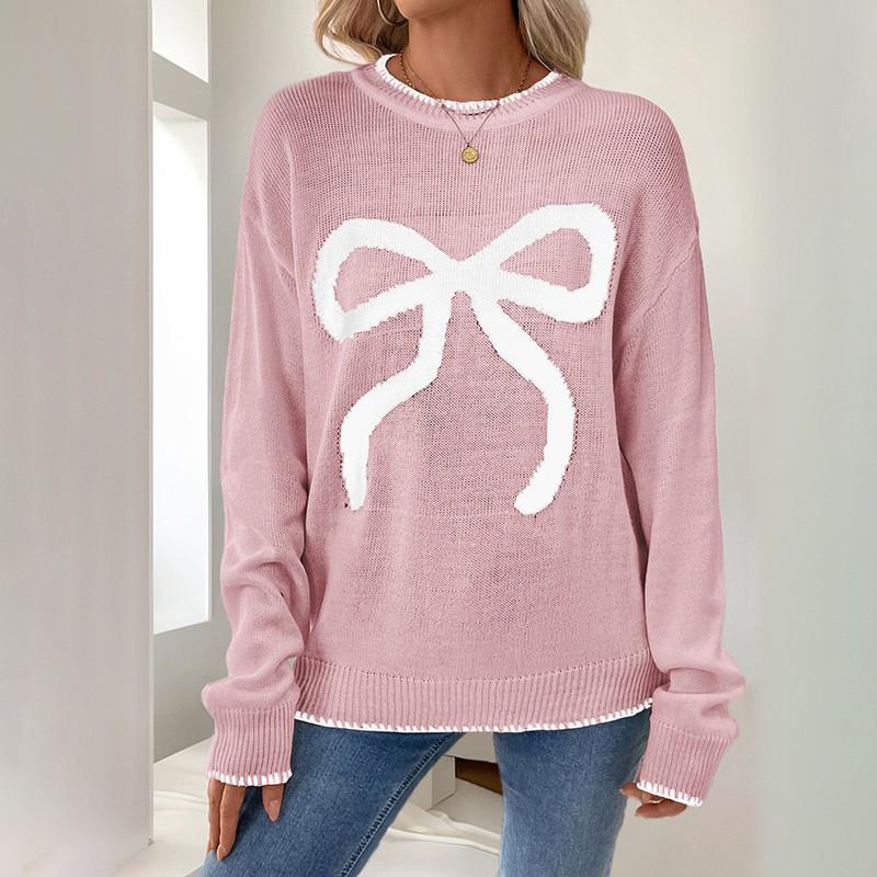 Womens Pink Christmas Sweater With Bow Detail Long Sleeve Loose Knit Top