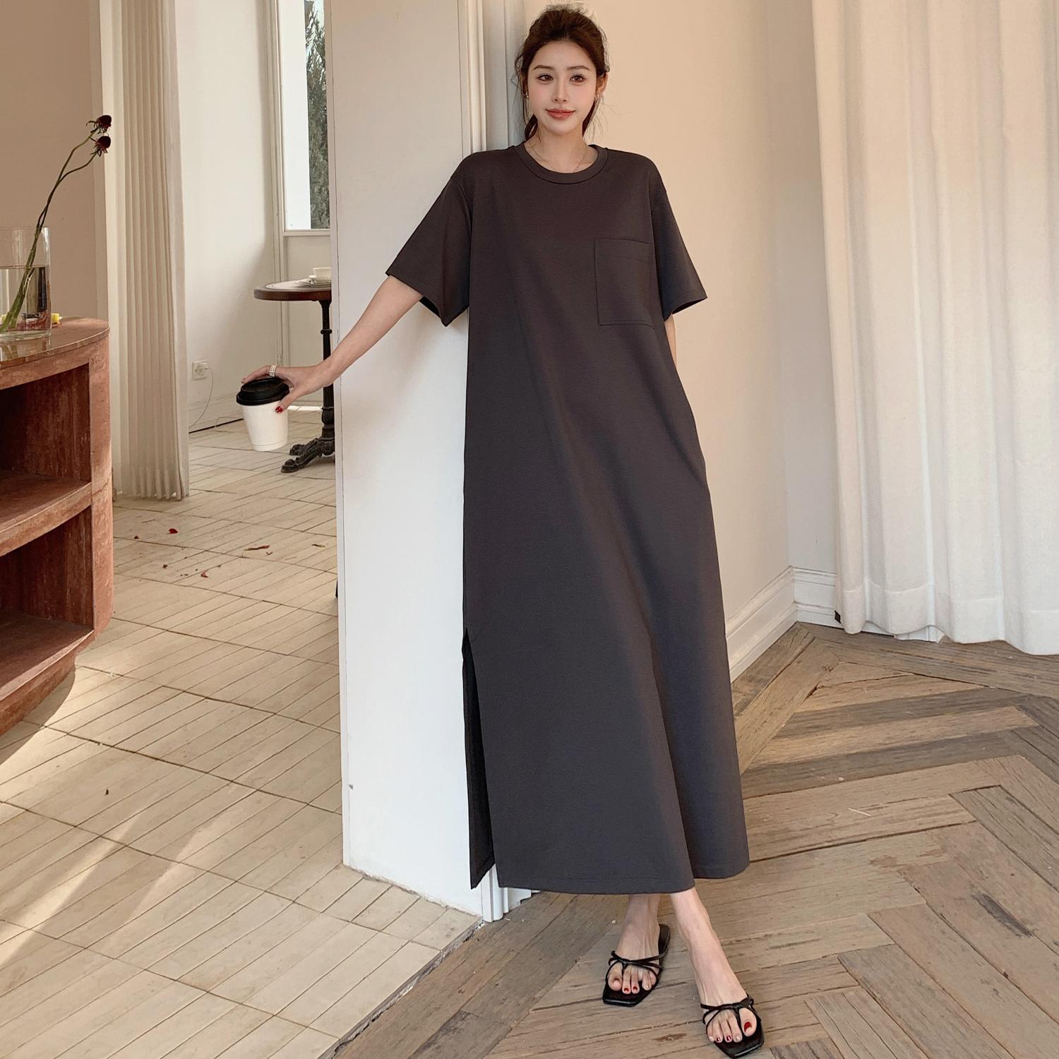 

DIMANAF 2025 Summer Plus Size Dress Women Loose Casual Cotton Long Dress Basic Vintage Solid Short Sleeve Dress 4XL серый
